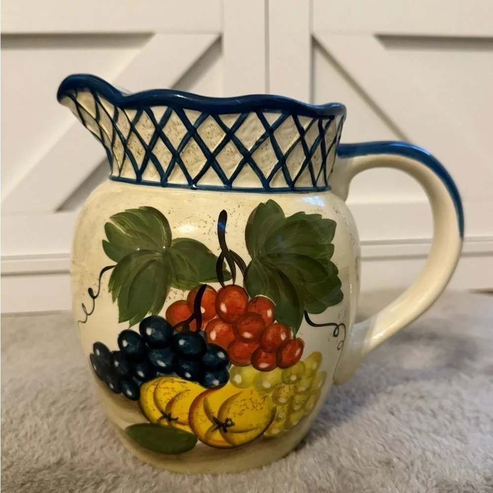 Certified International Raymond Waites Hill Life Ceramic Pitcher Fruit Pattern